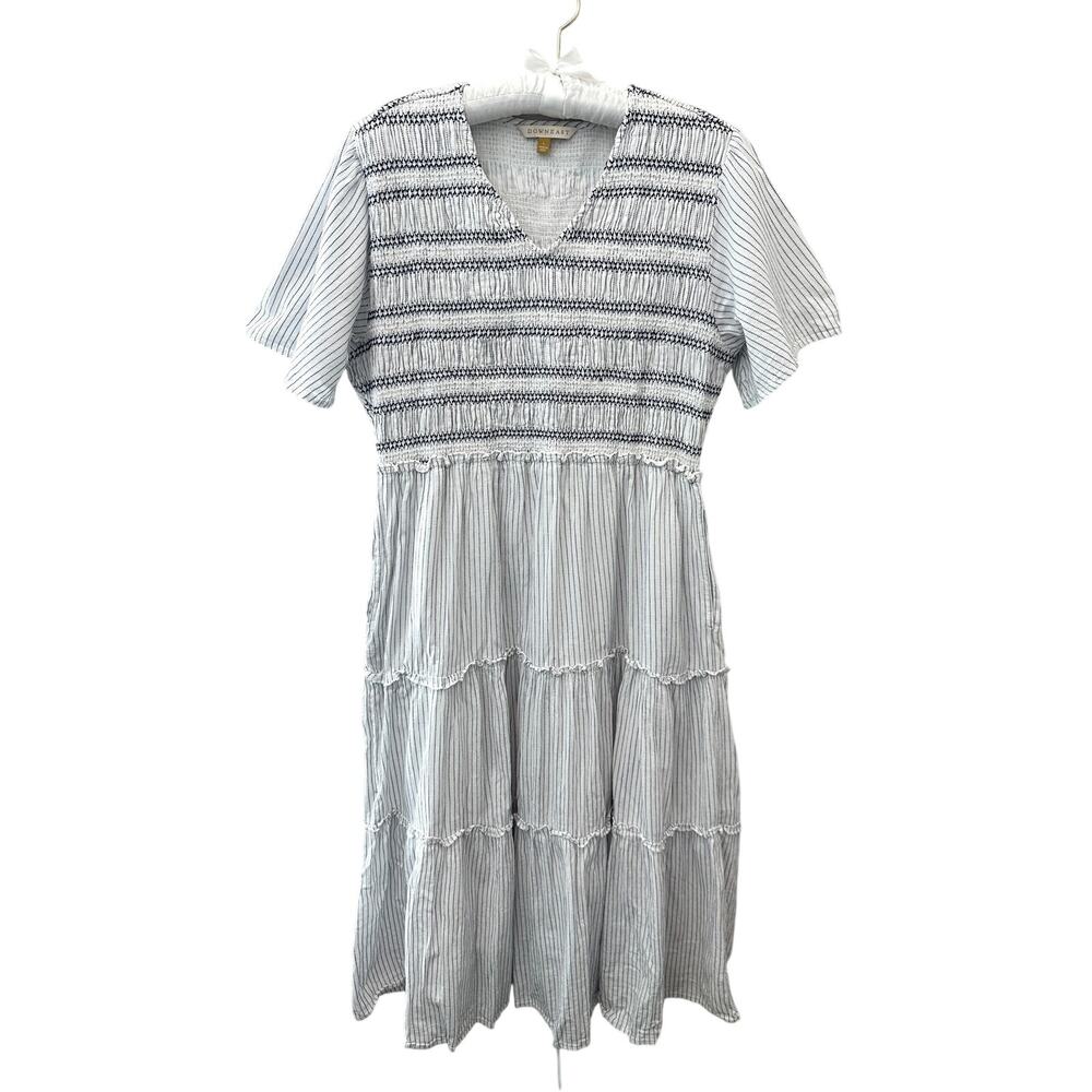 DOWNEAST Smocked Tiered Midi Dress White Blue Striped Cotton Cottagecore | Large